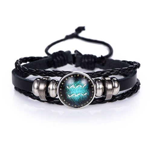 NEW Fashion 12 Constellations Leather Zodiac Sign with beads punk Bangle Bracelets For Men Boys Jewelry Travel Accessories Gifts