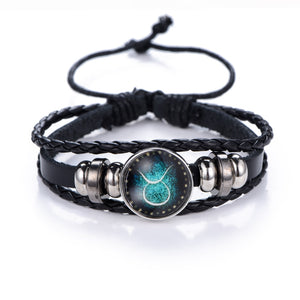 NEW Fashion 12 Constellations Leather Zodiac Sign with beads punk Bangle Bracelets For Men Boys Jewelry Travel Accessories Gifts